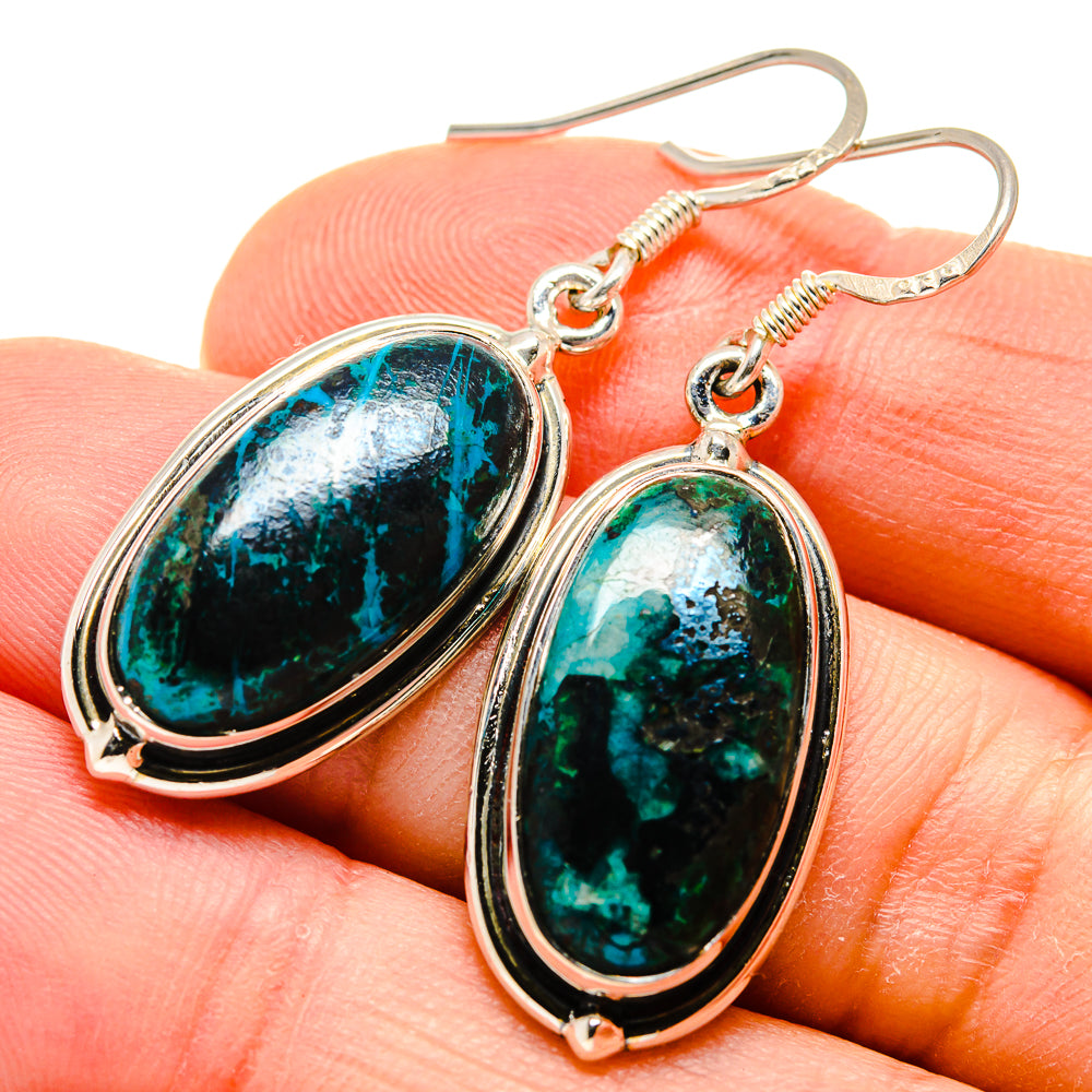 Oval shattuckite earrings in sterling silver with turquoise-green stone drop, hook backs