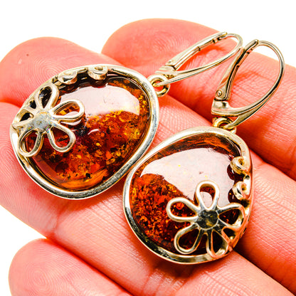 Amber drop earrings in 925 sterling silver, teardrop with flower cutout
