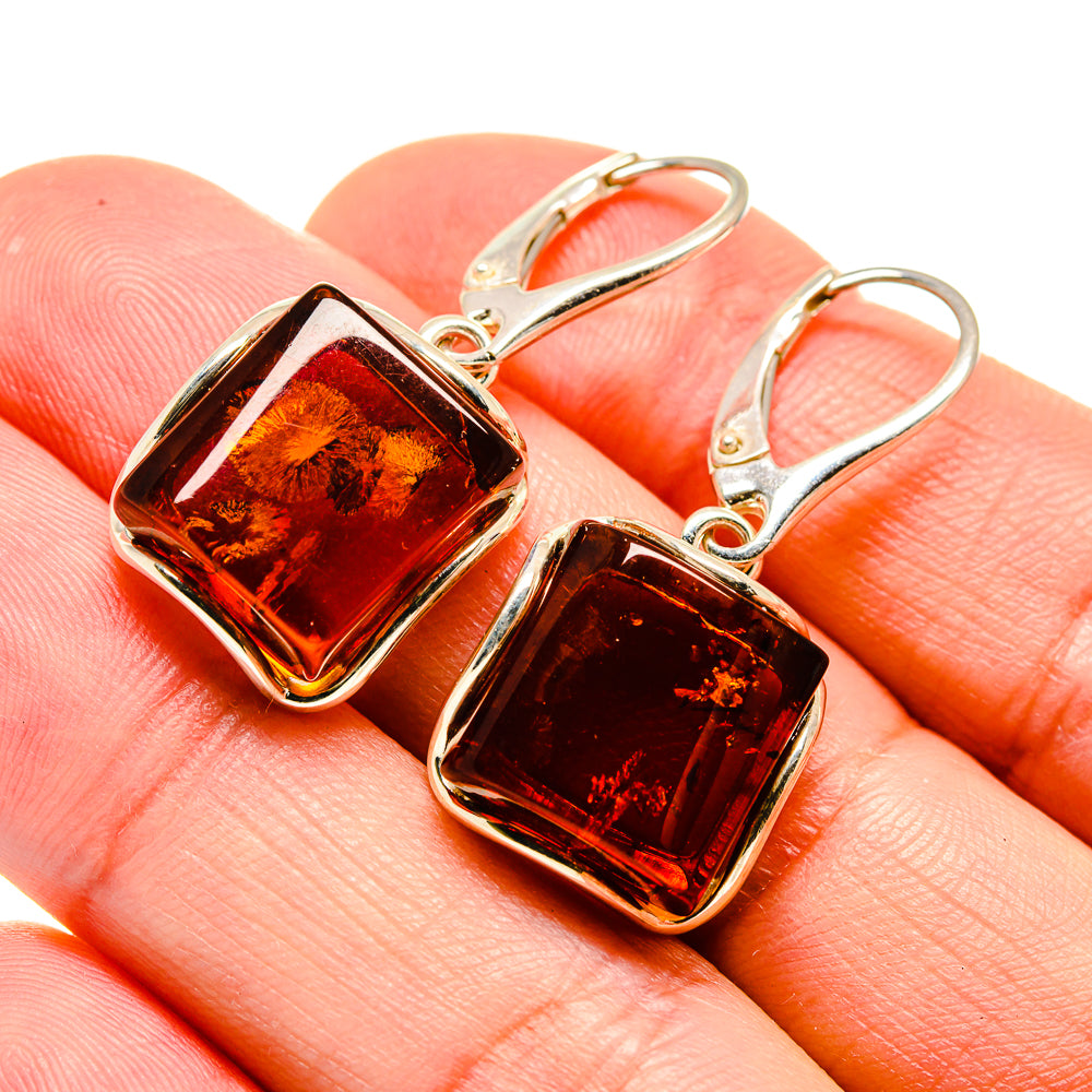 Square amber drop earrings with silver hooks, dark honey faceted stone