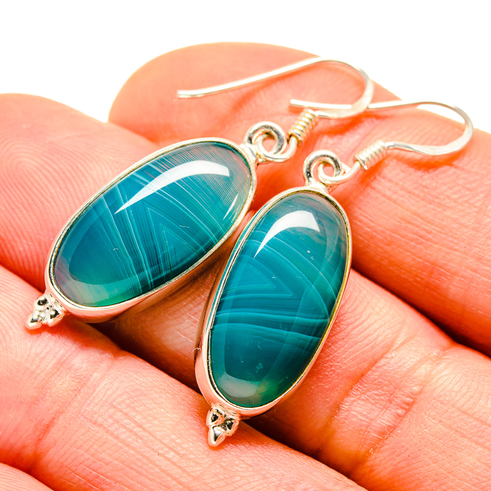 Silver-tone oval green agate drop earrings with lever backs