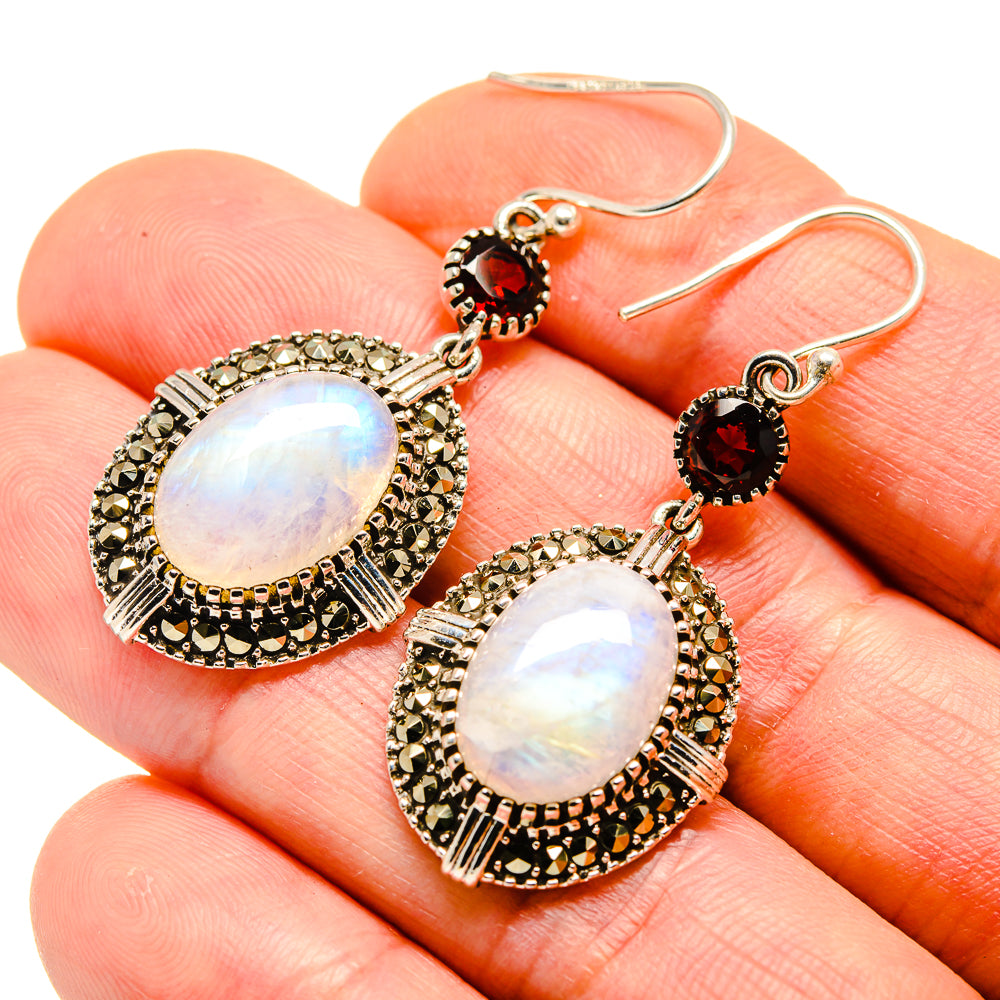 Rainbow Moonstone, Garnet Earrings handcrafted by Ana Silver Co - EARR413624