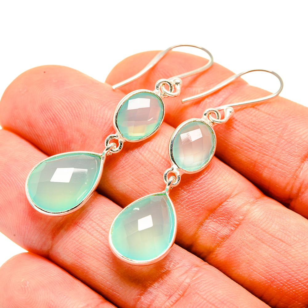Aqua chalcedony drop earrings in 925 sterling silver, oval and teardrop shapes