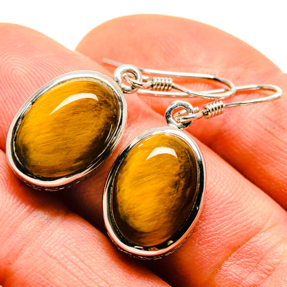 Tiger eye oval drop earrings on hand, 925 sterling silver with wire hooks