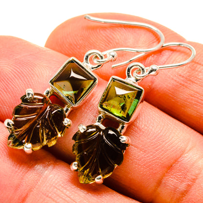 Sterling silver earrings with green square gemstone and amber fan dangle