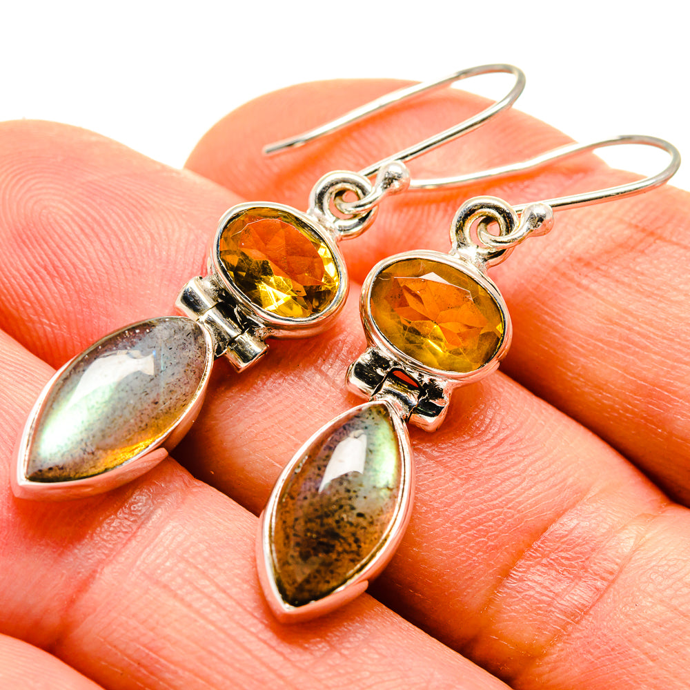 Sterling silver drop earrings with amber citrine tops and iridescent green teardrops