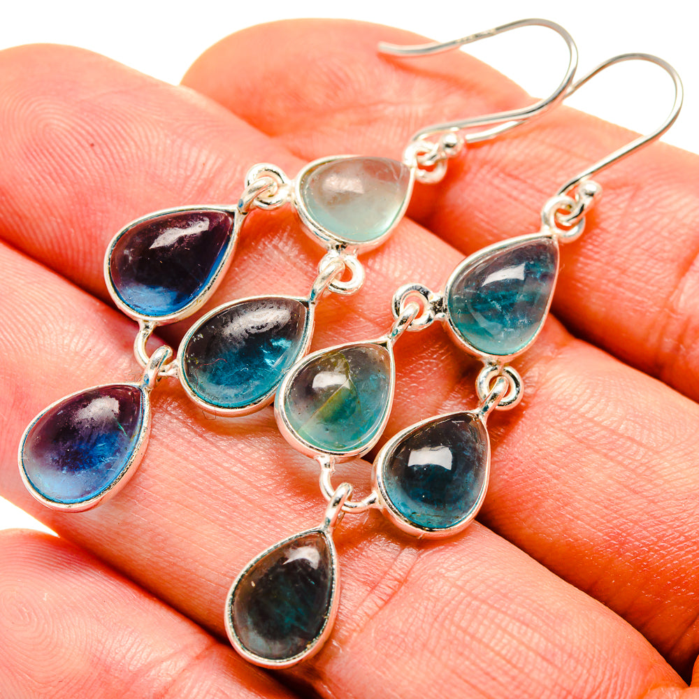 Fluorite stacked teardrop drop earrings, silver bezels with lever-back hooks