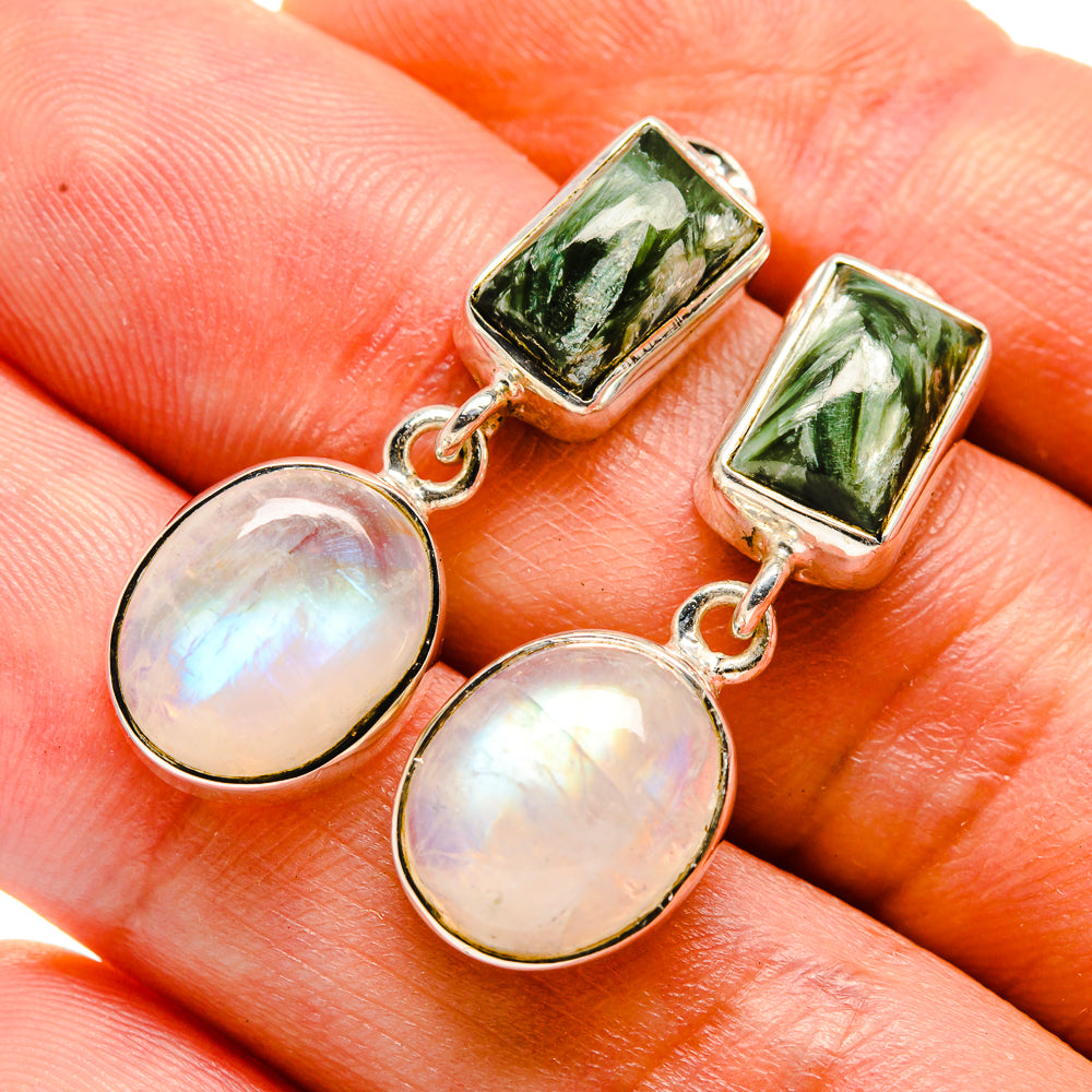 Sterling silver drop earrings with green seraphinite rectangles and round rainbow moonstone drops