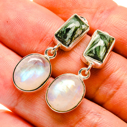 Sterling silver drop earrings with green seraphinite rectangles and round rainbow moonstone drops