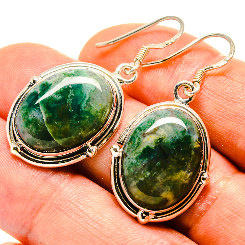 Oval moss agate drop earrings with green and yellow veining, silver bezel, fishhook backs