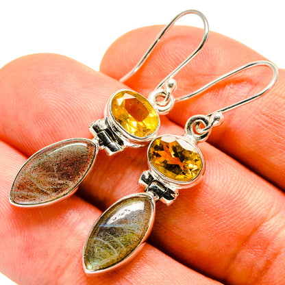Citrine and labradorite drop earrings, round citrine with marquise stones on sterling hooks