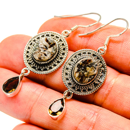 Sterling silver drop earrings with round rough gemstone and amber teardrop charms