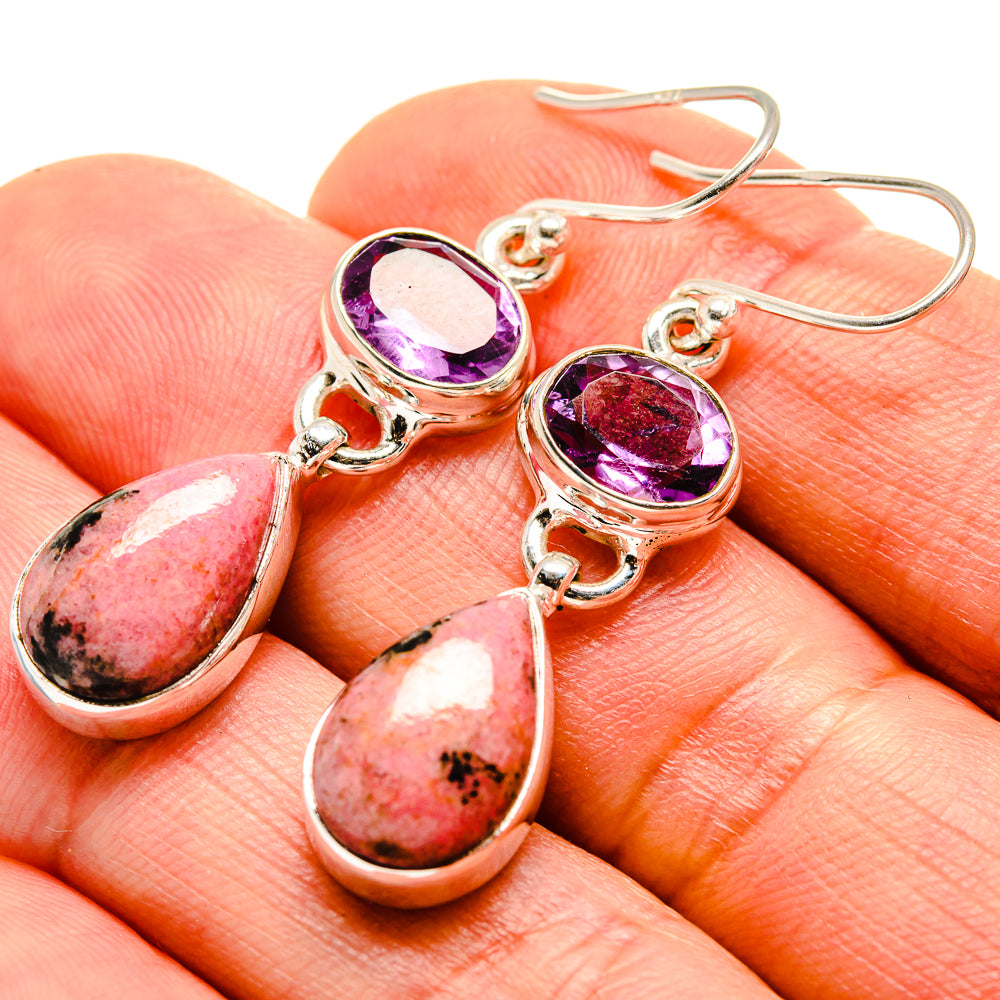 Sterling silver drop earrings with purple oval amethyst and pink teardrop rhodonite