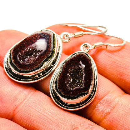 Red geode slice earrings, teardrop druzy stones in silver-tone frames