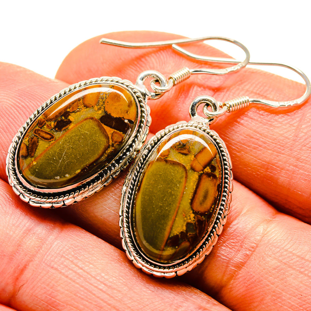 Sterling silver jasper oval drop earrings with fishhook backs, amber-green stone