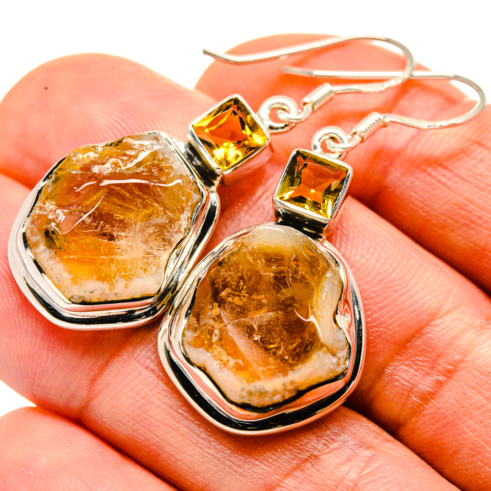 Sterling silver citrine earrings with square yellow stones and rough amber teardrops