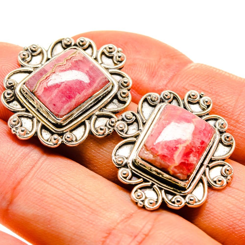 Pink rhodochrosite square cabochon stud earrings with scroll filigree 925 silver