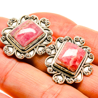 Pink rhodochrosite square cabochon stud earrings with scroll filigree 925 silver