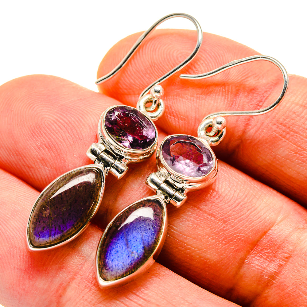 Sterling silver amethyst & labradorite drop earrings, oval purple and iridescent stones