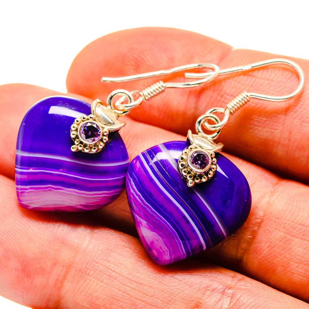 Purple heart agate dangle earrings with small purple gemstone charm in silver hooks