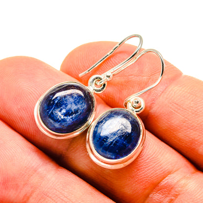 Oval blue kyanite cabochon drop earrings with sterling silver hooks