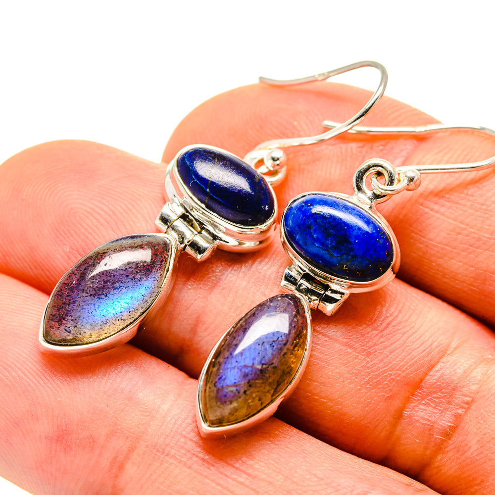 Silver dangle earrings with blue lapis and golden labradorite oval drops