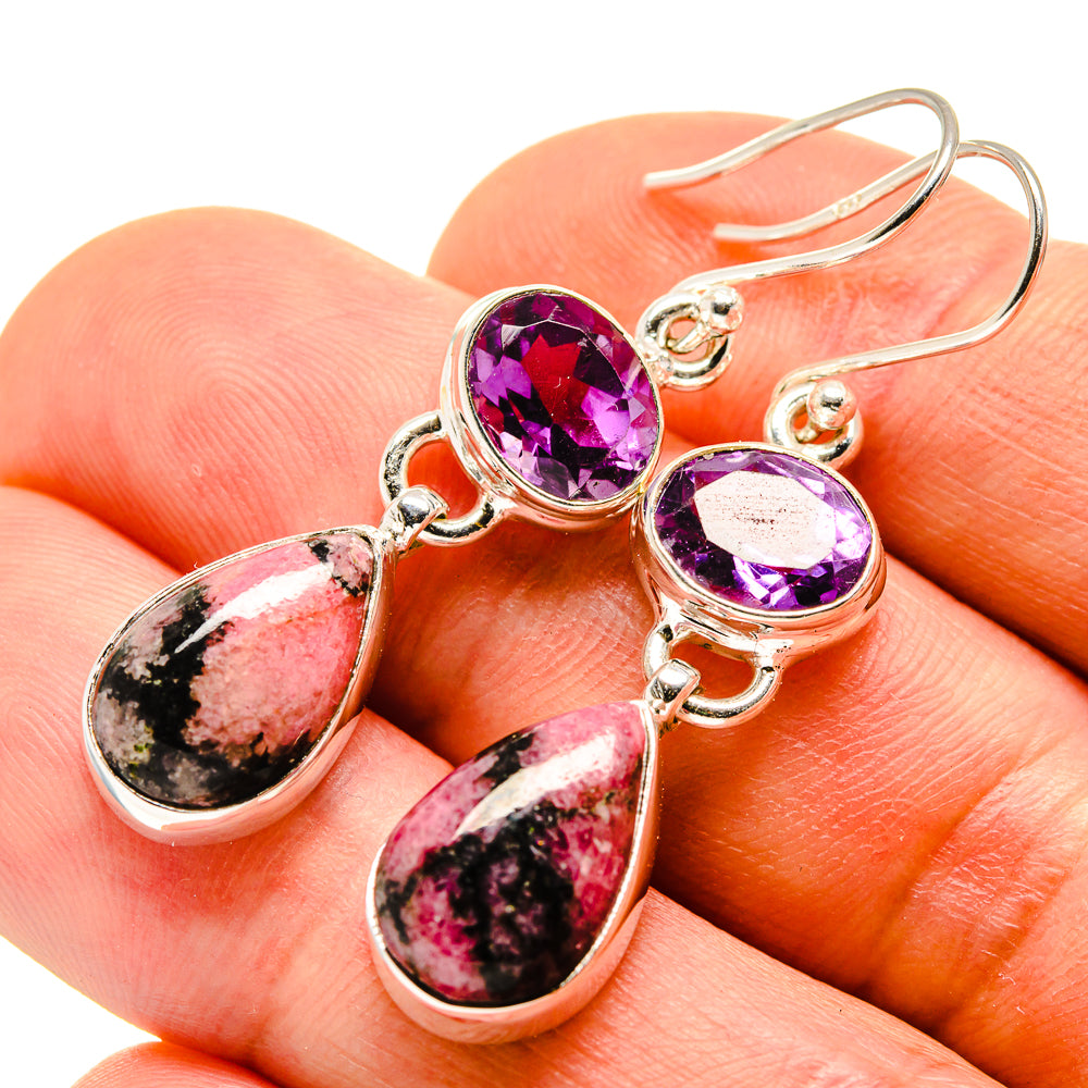 Sterling silver amethyst and rhodonite drop earrings, purple round stones and pink teardrops.