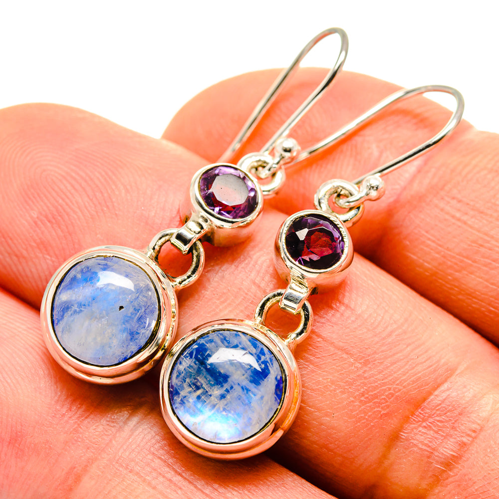 Amethyst and moonstone drop earrings with blue and purple cabochons