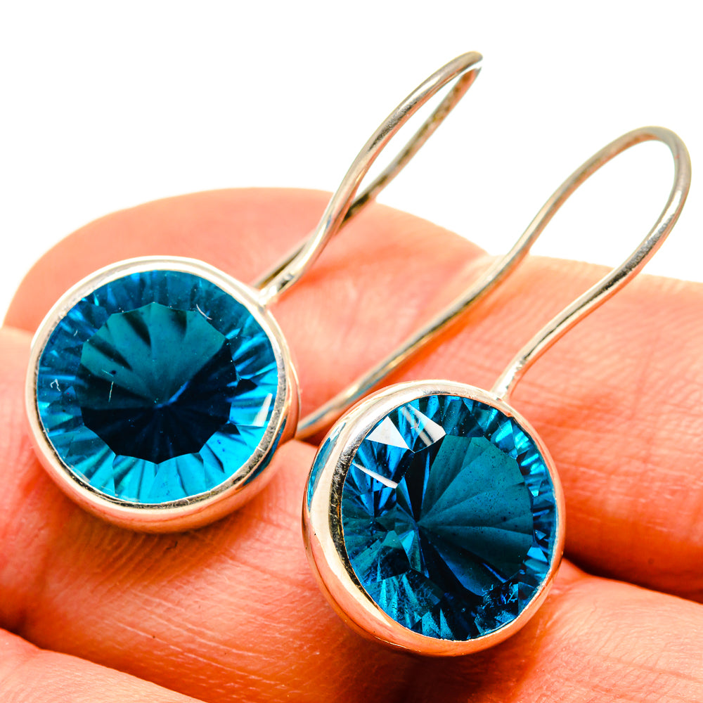 Round blue quartz earrings in sterling silver bezel, fishhook wires