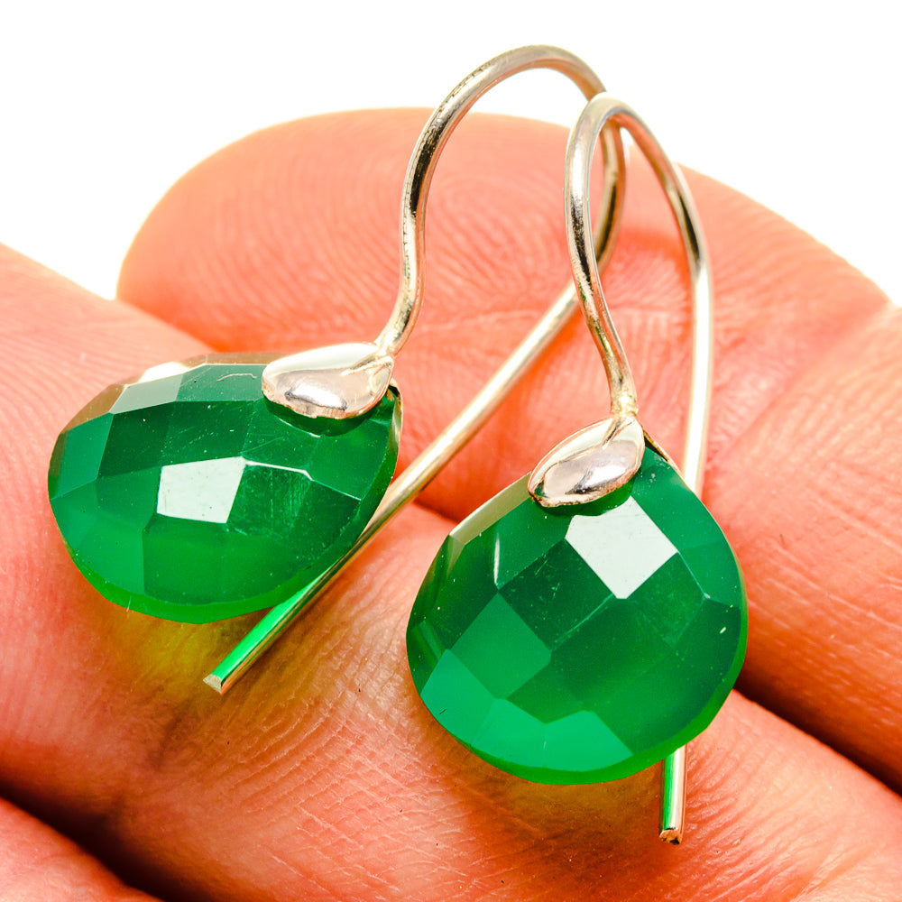 Green faceted teardrop onyx drop earrings with silver lever hooks, gemstone detail