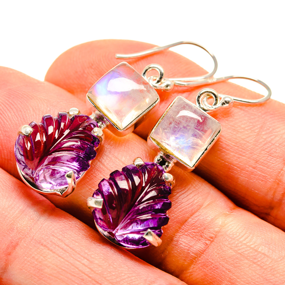Square rainbow moonstone drop earrings with purple amethyst flower and silver lever hooks