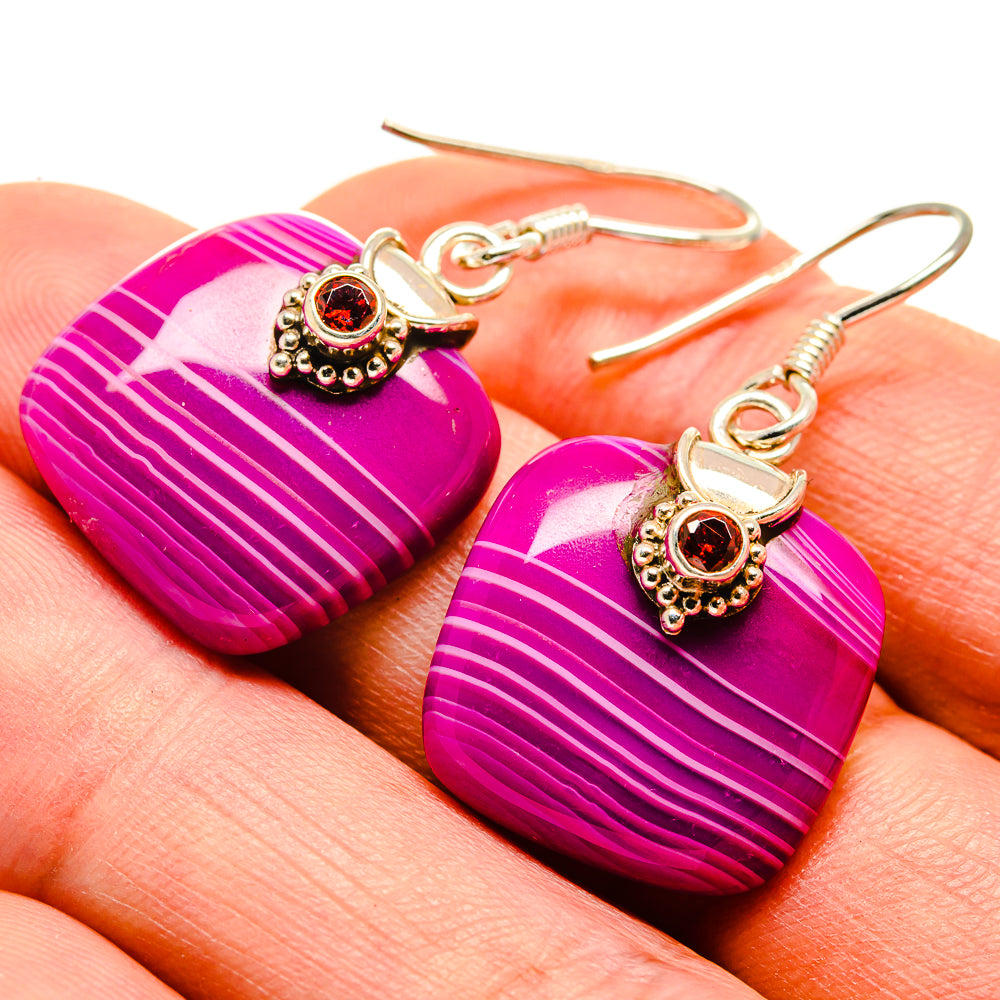 Pink striped drop earrings with red round gemstone and gold-tone hooks
