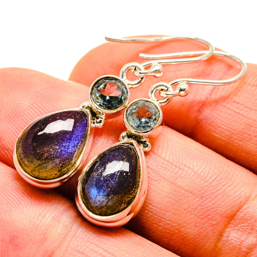 Sterling silver drop earrings with blue-green round and teardrop labradorite charms
