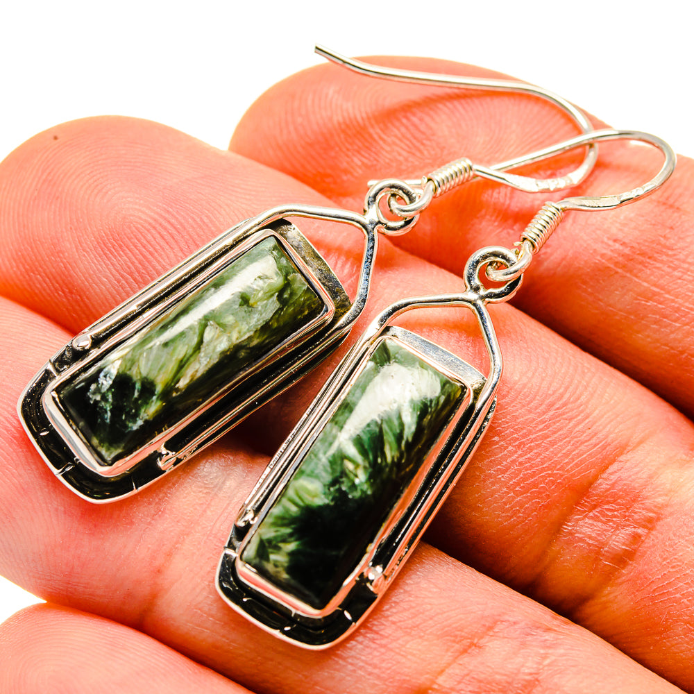 Rectangular seraphinite drop earrings with green marbled stone in silver settings