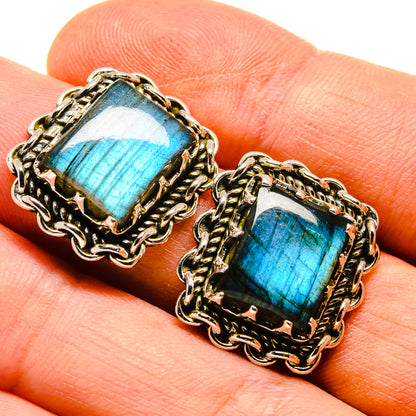 Square labradorite cabochon stud earrings, ornate 925 sterling silver frame with blue glow