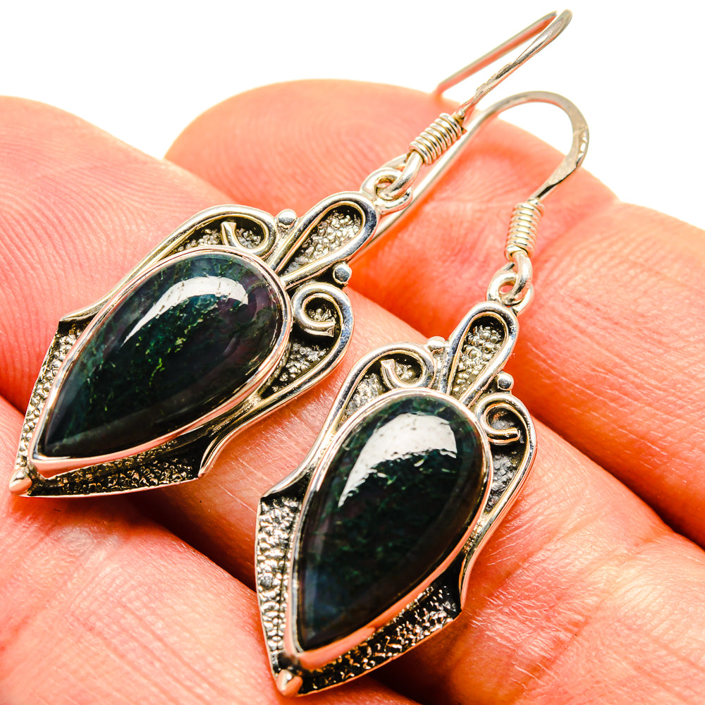 Teardrop green moss agate earrings with ornate 925 sterling silver hooks