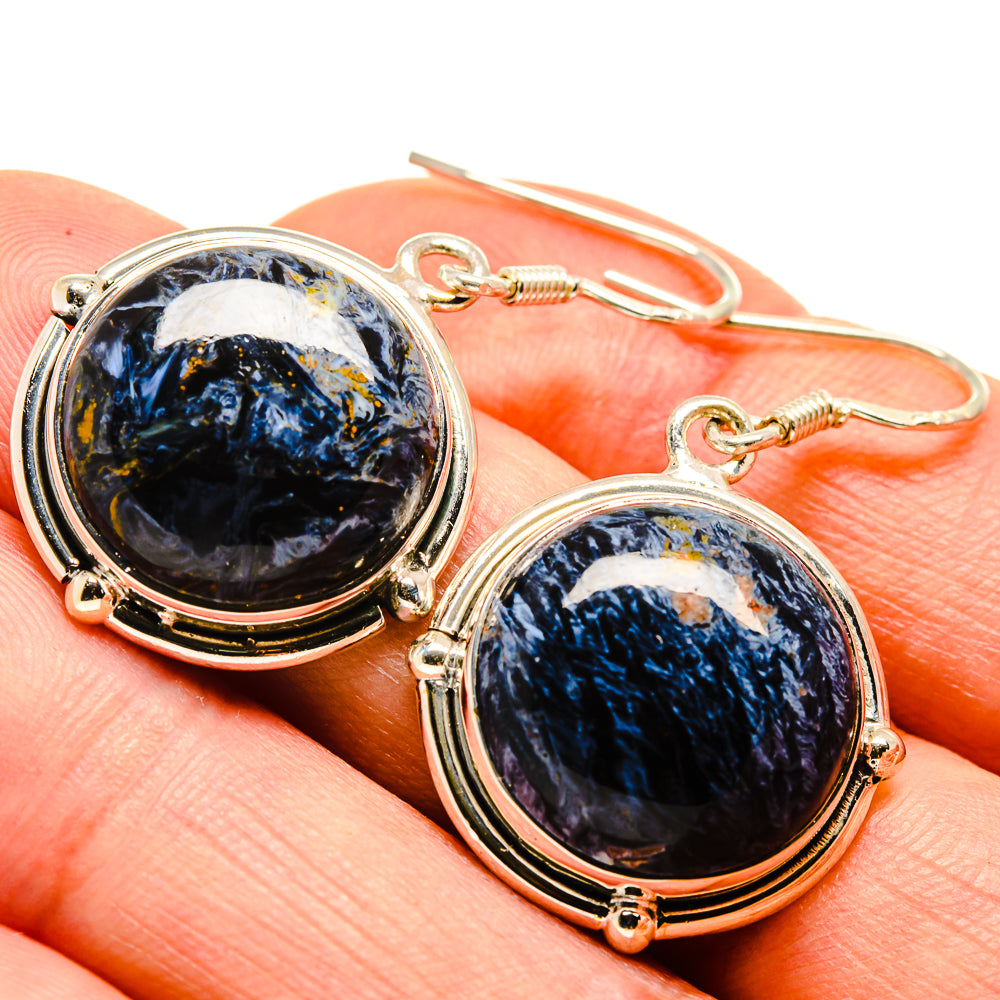 Round pietersite earrings, dark blue stone with gold flecks, sterling silver hooks