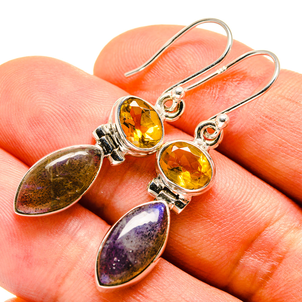 Sterling silver drop earrings with round citrine and oval labradorite stones, lever hooks