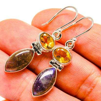 Sterling silver drop earrings with round citrine and oval labradorite stones, lever hooks
