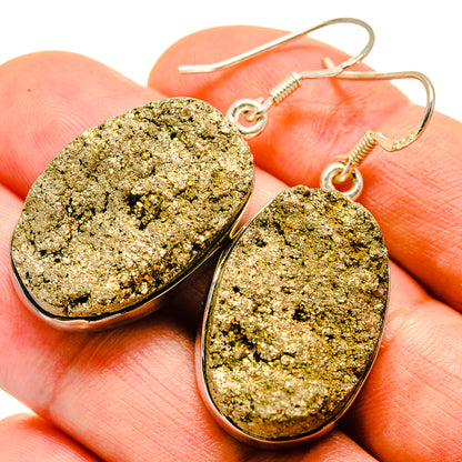 Rough pyrite oval earrings with textured gold stone and 925 silver hooks