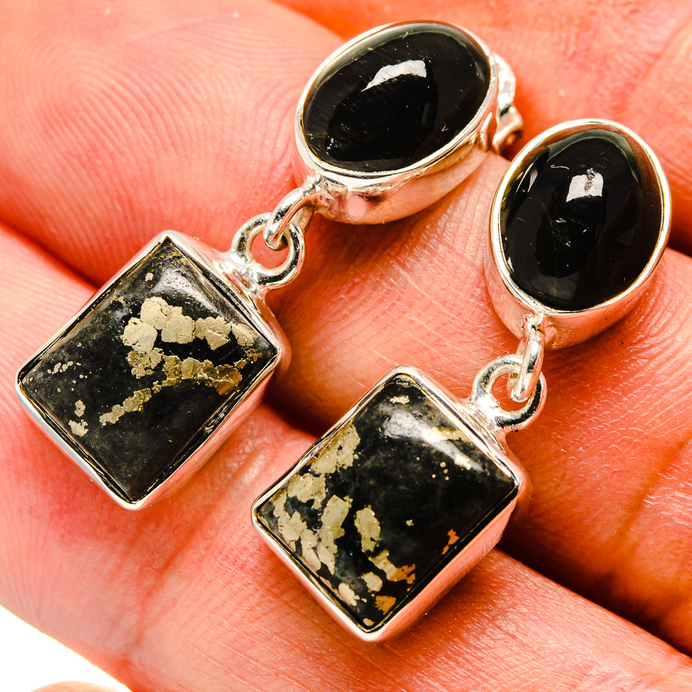 Black onyx oval earrings with square black dangles, gold pyrite flecks on silver