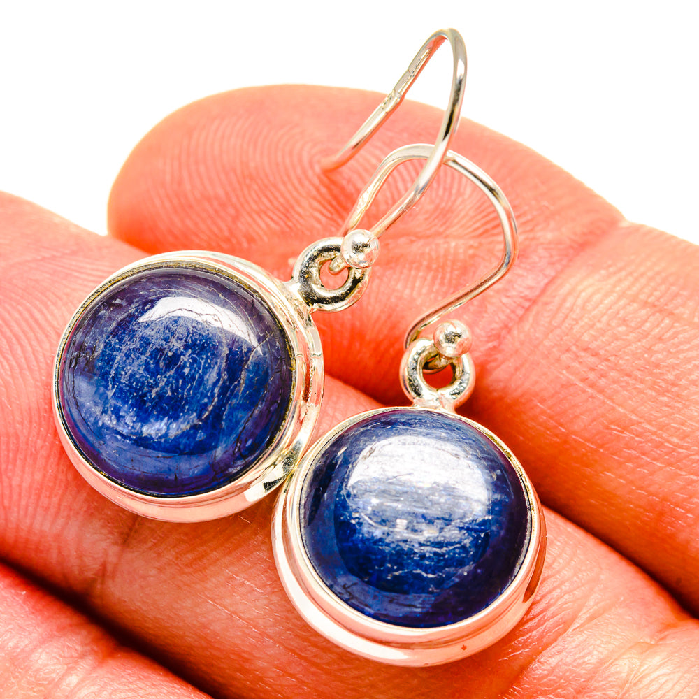 Sterling silver kyanite drop earrings with round blue stones, lever back hoops