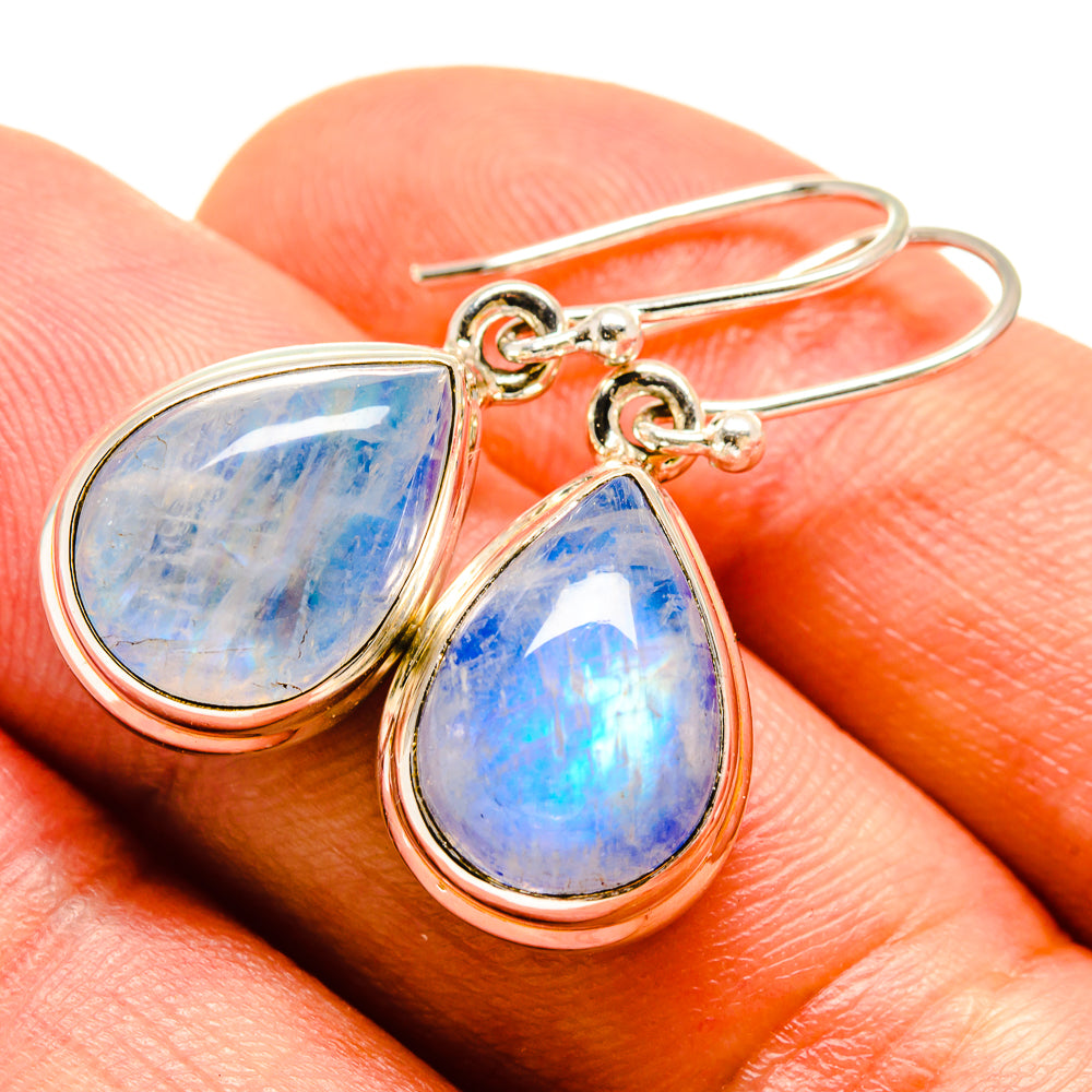 925 sterling silver teardrop moonstone earrings with blue iridescent cabochons