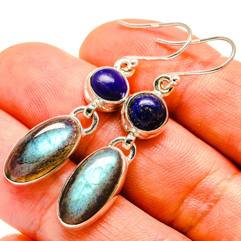 Sterling silver earrings with blue lapis round cabochons and labradorite oval drops