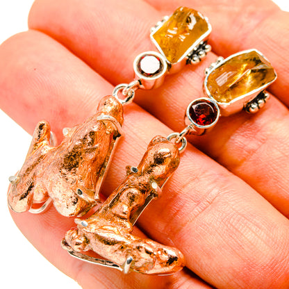 Copper splash earrings with amber and red gemstones, sterling silver 925