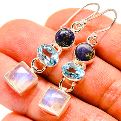 Sterling silver drop earrings with lapis round, blue topaz oval, and moonstone square stones