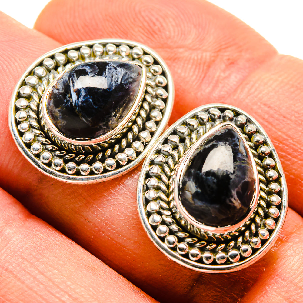 Teardrop pietersite stud earrings, blue stone with silver beaded trim on fingers