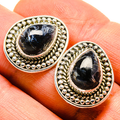 Teardrop pietersite stud earrings, blue stone with silver beaded trim on fingers