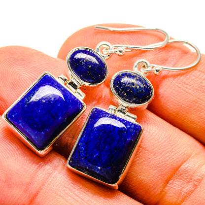 Lapis lazuli drop earrings with round top and square dangle, blue stones, silver settings