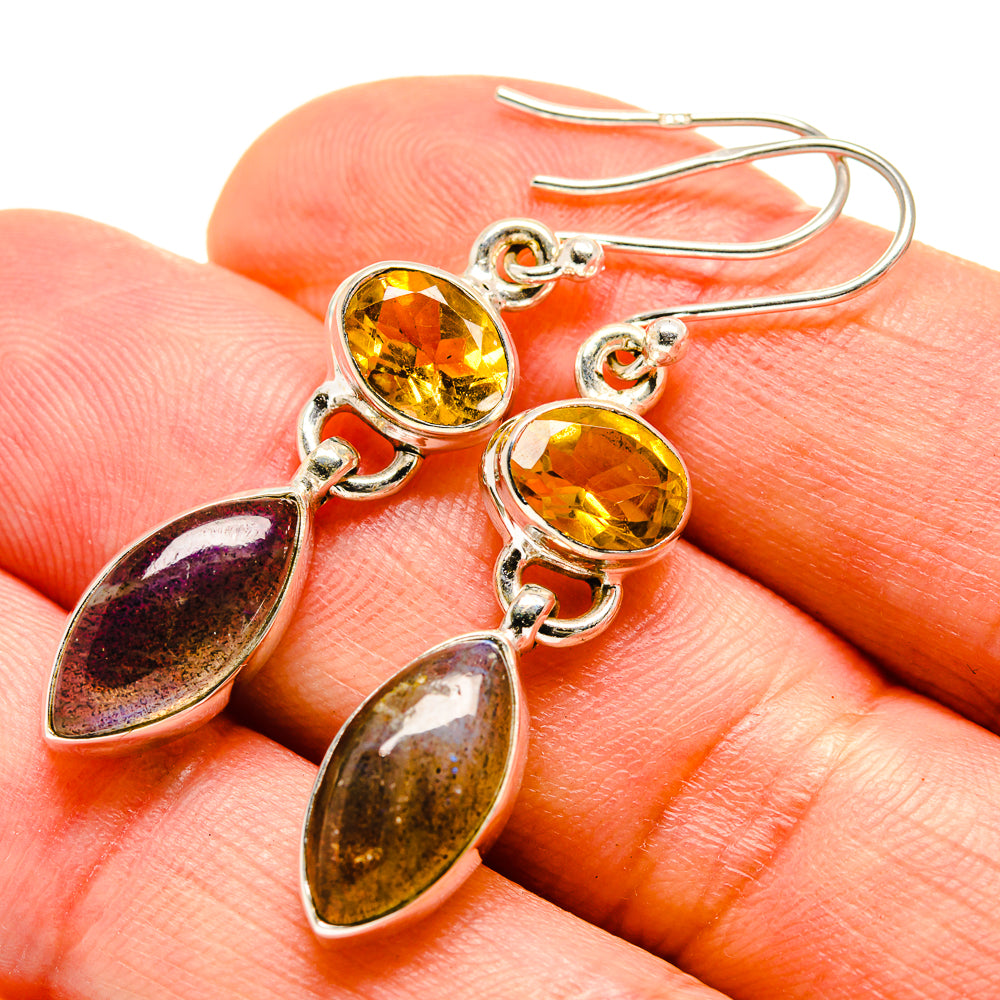 Silver drop earrings with round yellow citrine and dark marquise gemstone drops