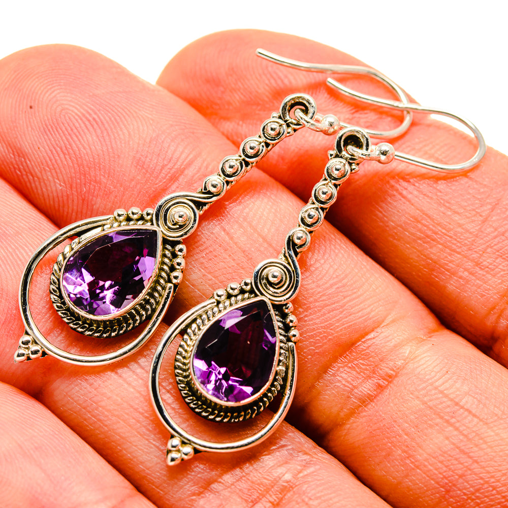 Amethyst teardrop earrings in 925 sterling silver, faceted purple stones, hook backs